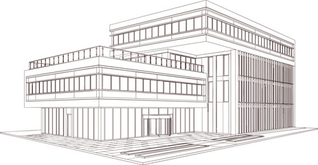 Fototapeta premium Modern Commercial Building 3D Wireframe Architectural Design with Glass Facade