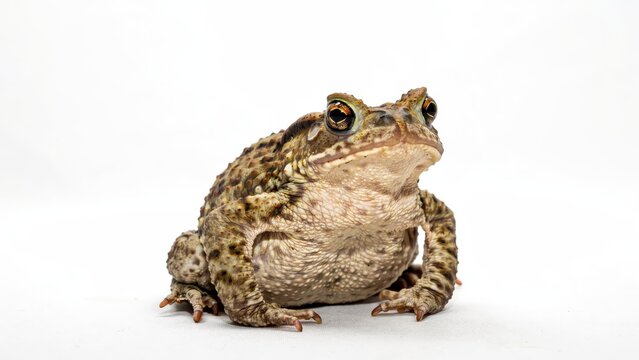 A detailed macro shot of a textured brown toad sitting still with sharp eyes and bumpy skin on white background