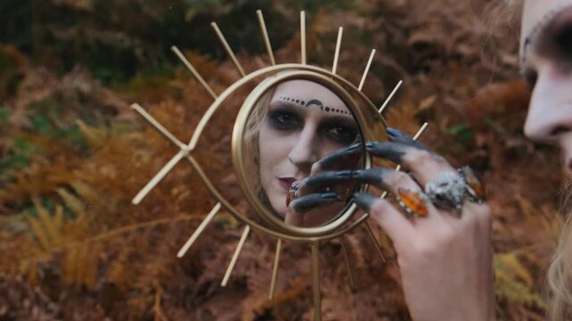 Handheld round mirror with decorative gold sunburst rim reflects young woman wearing smoky eye makeup, dotted forehead accent, crescent mark above brow, surrounded by soft woodland foliage and warm