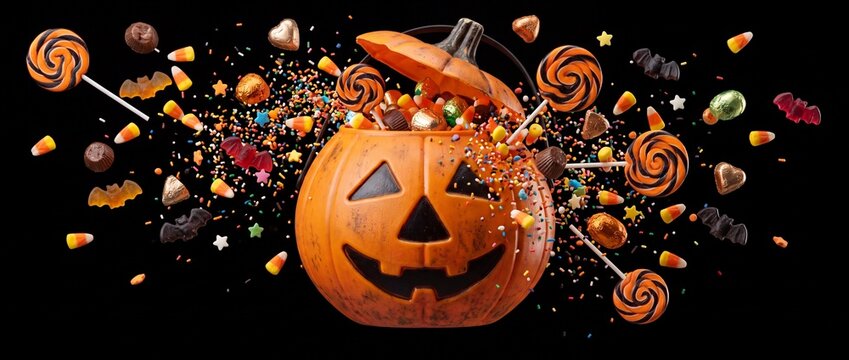 Halloween pumpkin bucket filled with candy and sweets on black background
