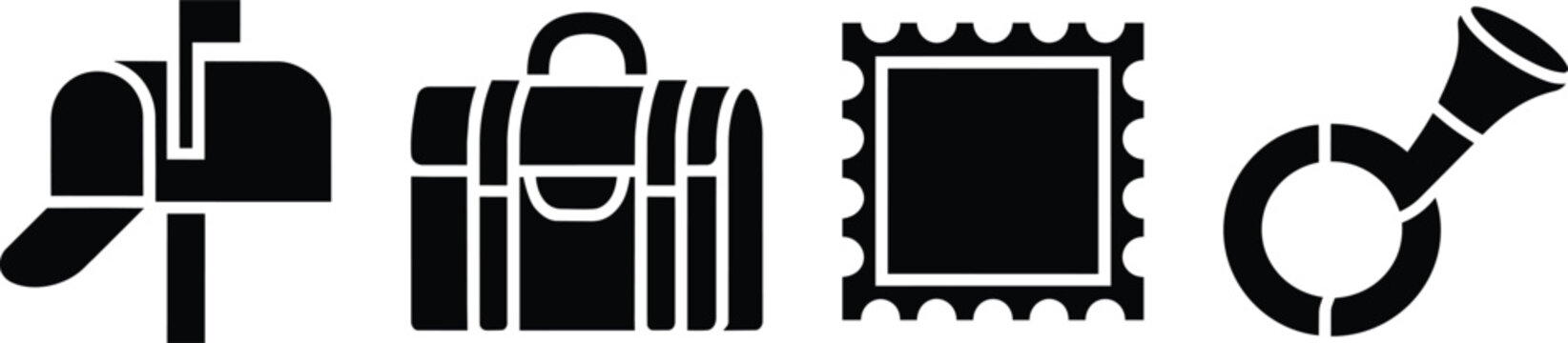 Postal service and mail delivery glyph icons of mailbox, postman briefcase satchel, postage stamp, and classic metal post horn