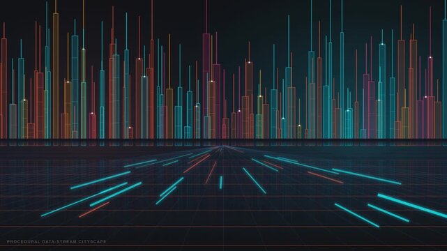Abstract digital cityscape background with glowing neon vertical lines and data stream perspective