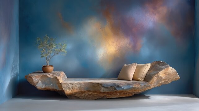 Massive stone slab bench with richly textured background