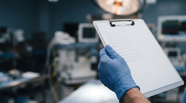 Medical professional hand wearing blue surgical gloves holding a clipboard with a checklist in a modern hospital operating room setting for World Patient Safety Day awareness