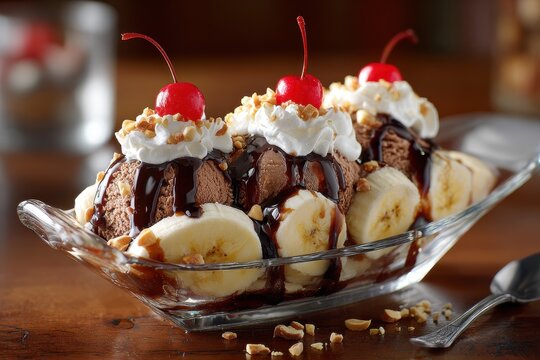 Banana split dessert with chocolate ice cream, fresh banana slices and glossy chocolate drizzle in a glass dish