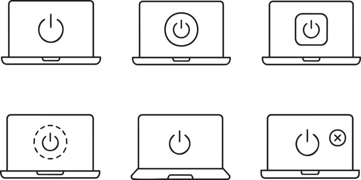 Laptop Power Button Icon Set with Minimal Outline Computer Startup Shutdown Restart Symbols for Laptop Technology Design