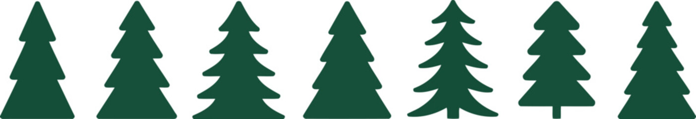 Obraz premium A collection of seven different green stylized coniferous christmas tree icons isolated on a plain white background for design
