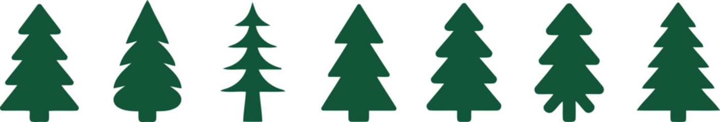 Fototapeta premium A collection of seven different green coniferous evergreen tree icons isolated on a plain white background for design