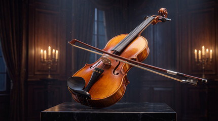 Fototapeta premium Close up of a wooden violin and bow displayed on a black marble pedestal in a dark room