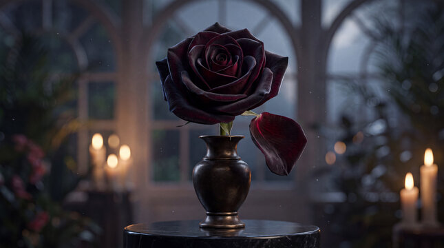 Close up of a dark red rose with a falling petal in a metal vase on a black marble table