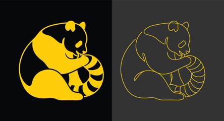 Stylized gold panda bear silhouette and outline graphic illustration © KH