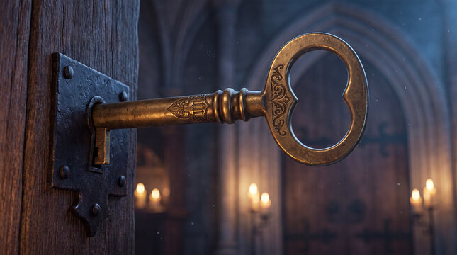 Large vintage brass key inserted into the keyhole of a heavy wooden door in a medieval castle