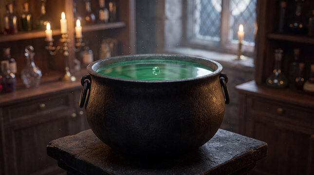 Cast iron witches cauldron filled with glowing green magic potion and a single droplet on a stone pedestal
