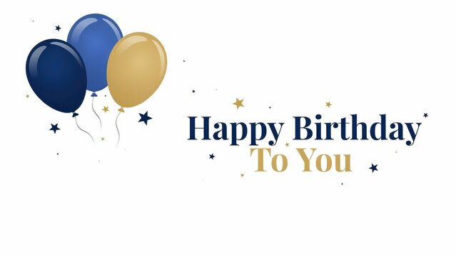 Shiny blue and gold birthday balloons featuring elegant typography greeting text for festive party celebrations isolated on white background