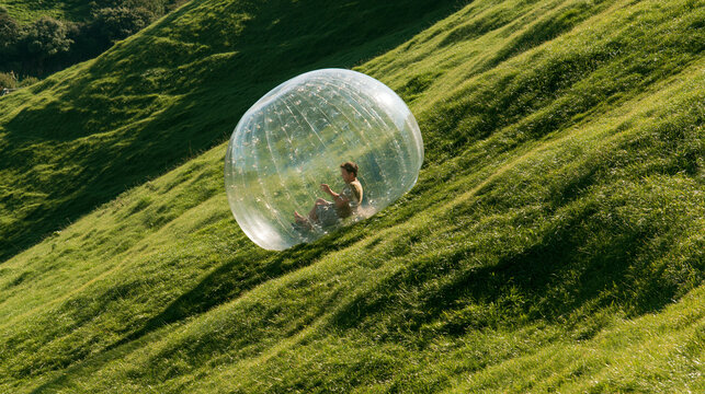 Adventure Outdoors Zorbing: Fun and Playful Activity on Sunny Greenery Hills