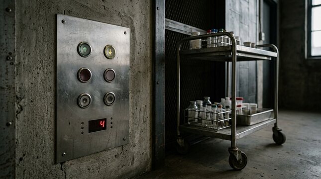 Freight elevator button panel catching soft light beside a rolling specimen cart