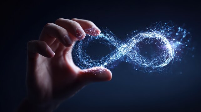 Human hand holding a glowing blue infinity symbol formed from particles against a dark background with soft light