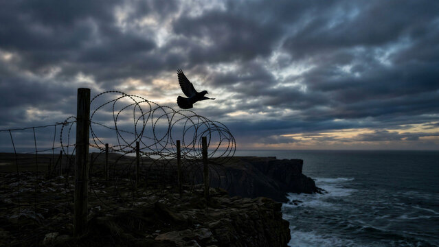 A dramatic black and white silhouette of a pigeon flying over coiled razor wire on a rocky ocean cliff under a dark cloudy sky, symbolizing peace.