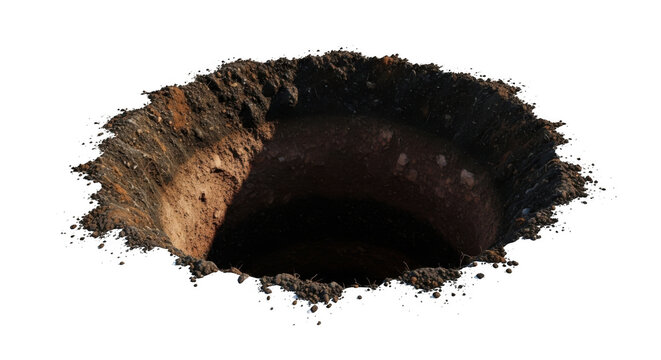 Small dark hole in the brown earth isolated on transparent background