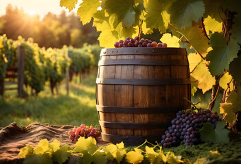 Obraz premium Wooden wine barrel with fresh red grapes and green leaves in a sunny vineyard at sunset, Bathed in the warm glow of a sunset, the agricultural process of winemaking