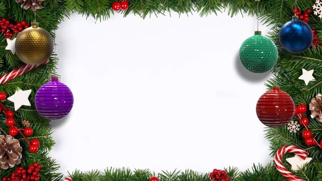 Christmas garland with ornaments frames a white space festive holiday decoration decorations evergreen pine fir baubles spheres red gold purple green blue
