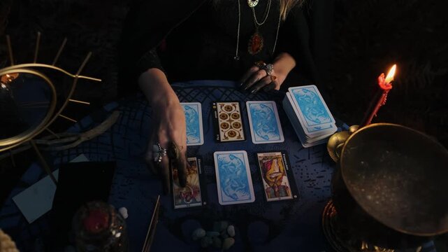 Close-up scene shows tarot reader arranging cards on dark blue patterned cloth over round table, ringed hand placing deck beside candle flame, crystal stone, brass bowl, wax drips, and dramatic shadow