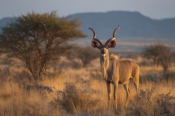 Naklejka premium Namibia wildlife scene: kudu antelope at dusk in open savanna with distant hills