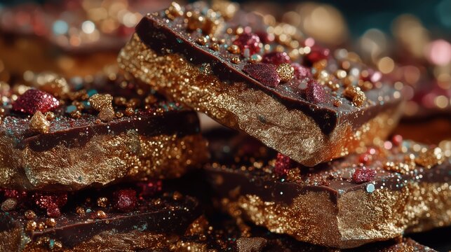 Gourmet dark chocolate bark with edible gold glitter and festive toppings macro close-up