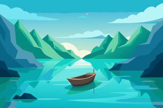 Serene mountain lake landscape with a small wooden boat floating on calm turquoise water surrounded by majestic peaks