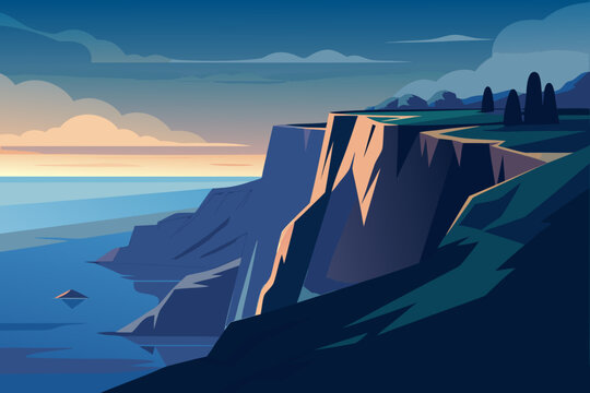 Dramatic sunset over dark coastal cliffs with deep blue ocean waters and a twilight sky