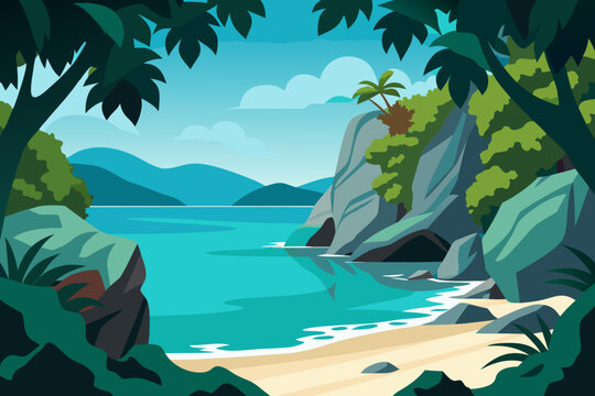Tropical beach cove with turquoise water and rocky cliffs framed by lush foliage
