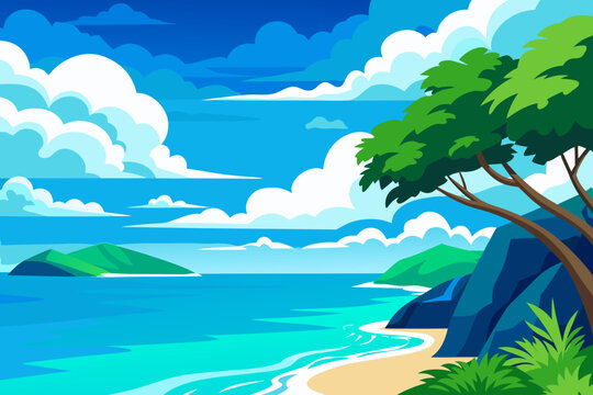 Beautiful coastal landscape with blue ocean, sandy beach, and lush green hills