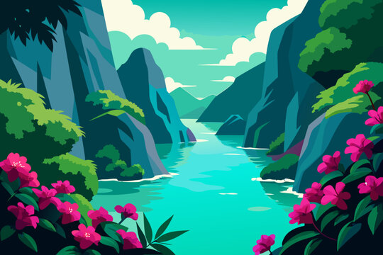 Vibrant mountain river landscape with blooming pink flowers in the foreground