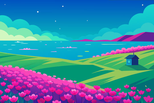 Field of pink flowers with a small house by the sea under a starry night sky