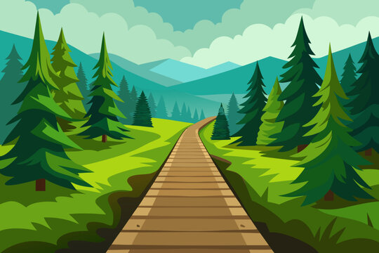 Wooden boardwalk path through a lush green pine forest and mountains