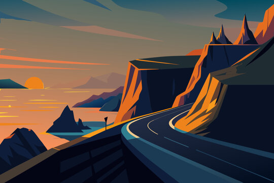 Scenic coastal road winding along cliffs at sunset