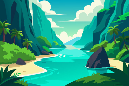 Tropical island landscape with lush mountains and turquoise ocean water