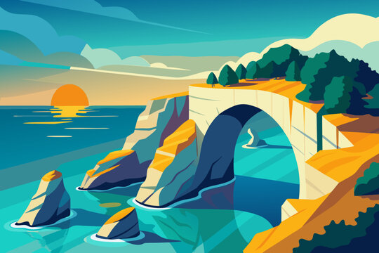 Coastal landscape with a natural stone archway at sunset