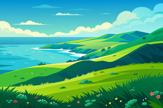 Scenic coastal landscape with rolling green hills and ocean view, digital illustration