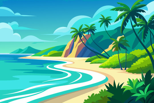 Tropical beach landscape with palm trees and cliffs by the ocean