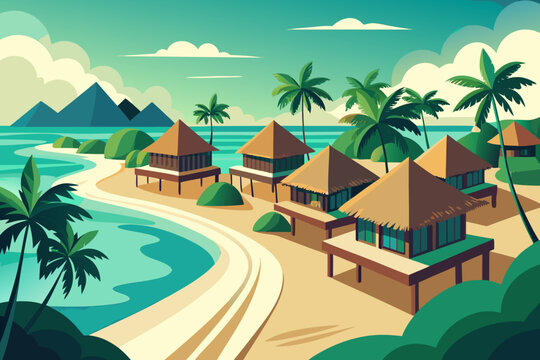 Tropical island beach resort with thatched roof bungalows and palm trees
