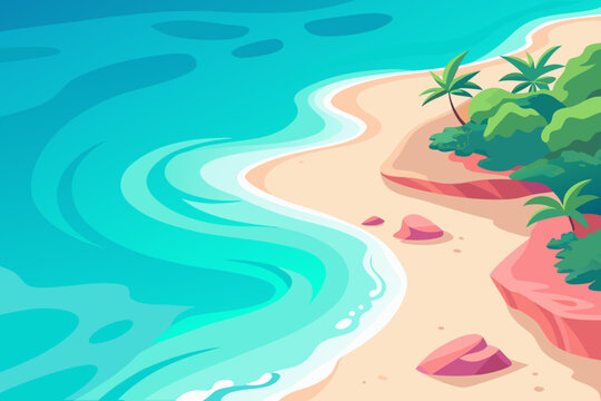 Aerial view of a tropical beach with turquoise waves and palm trees