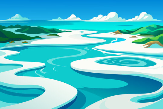 Abstract landscape illustration with winding blue river and white snowy banks under a clear sky