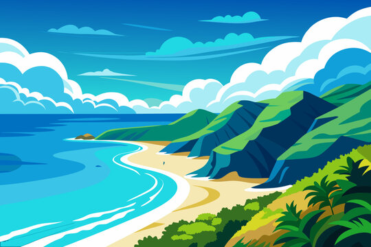 Tropical coastal landscape with sandy beach, green cliffs, and turquoise ocean waves