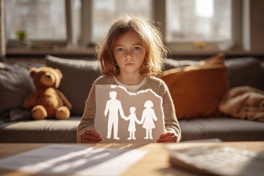 Young girl with a paper family cutout, symbolizing divorce and custody in a quiet home scene