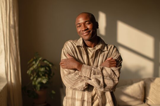 Self-love in daily life: candid portrait of a smiling young man wrapped in a gentle self-embrace in natural light