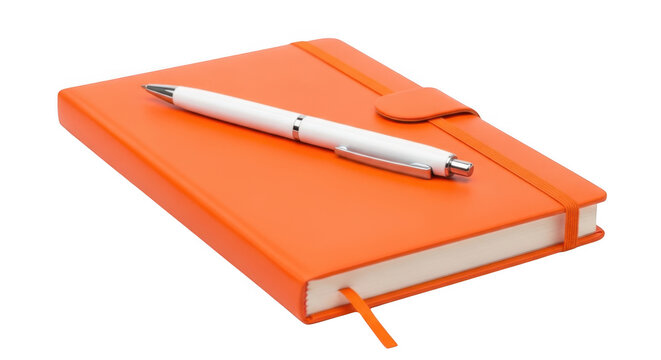 Orange notebook with a white pen isolated on transparent background