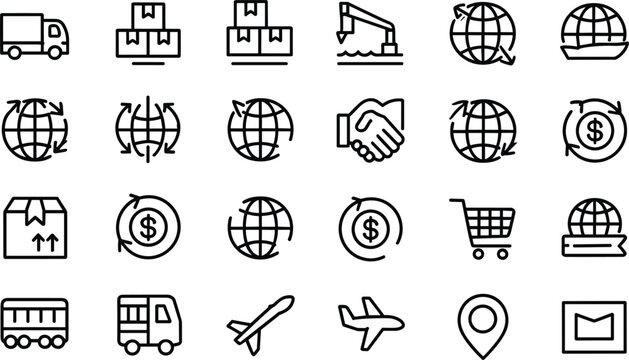 Logistics and worldwide shipping vector icon set featuring cargo truck delivery plane globe commerce and package distribution