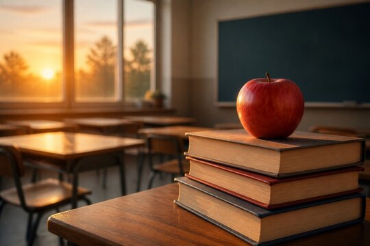 Apple resting on stacked books in empty classroom at sunrise
