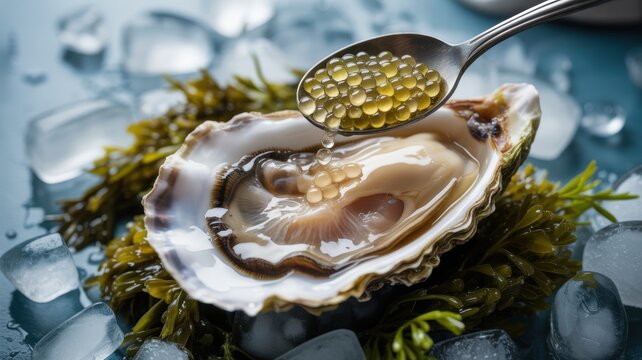 A dish of French cuisine.    
Oyster with caviar (Hu&icirc;tres au caviar blanc) is a fresh seafood served on ice and seaweed, and its taste is complemented by a spoonful of snail caviar.